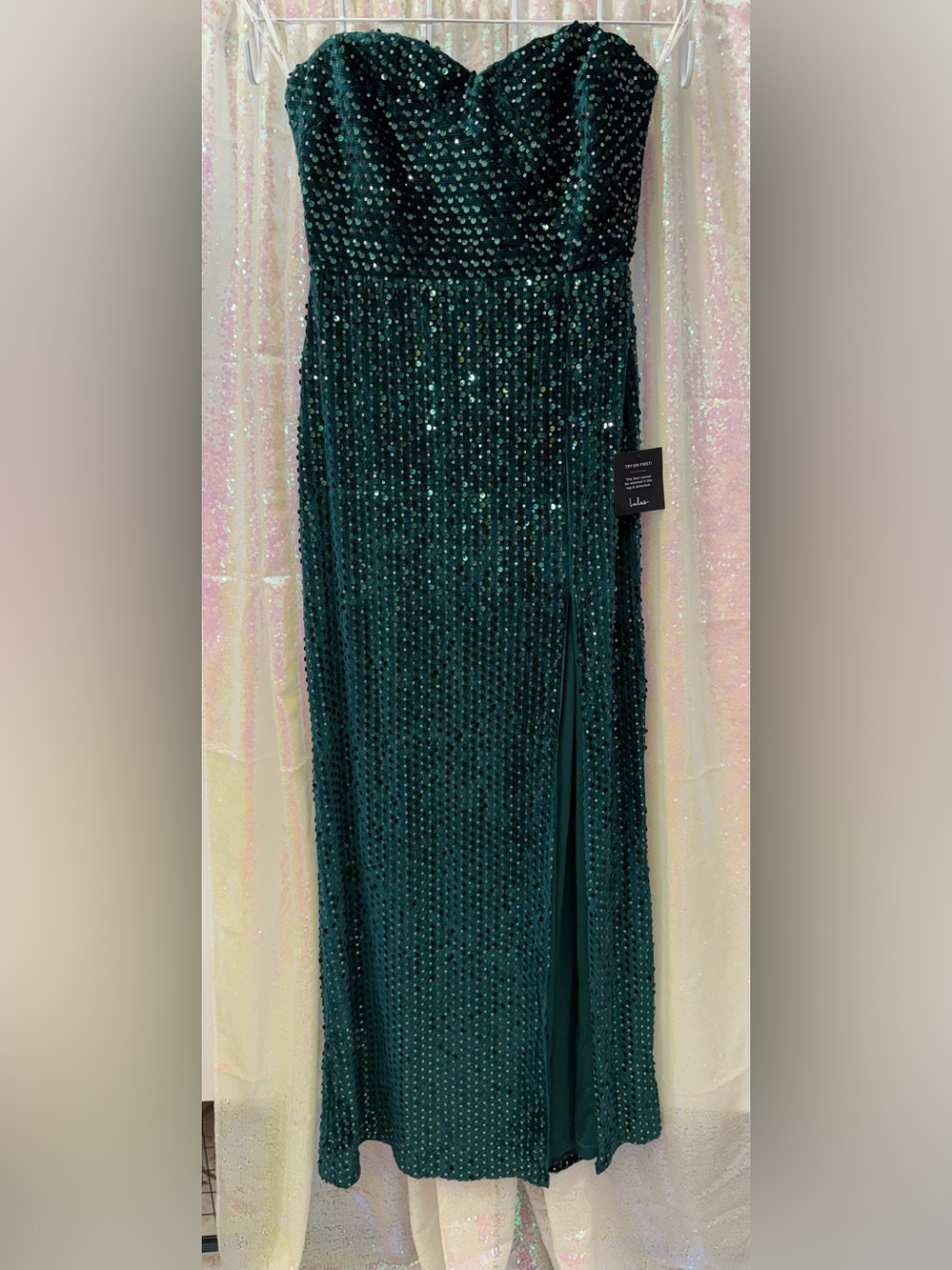 Lulu's Strapless Emerald Sequin Column Gown brand new size M